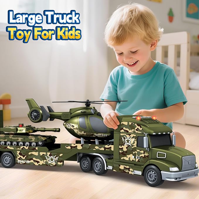 Bstoyder Toddler Boy Toys for 3 4 5 6 7 Years Kids, 27" Semi Army Truck Toy with Helicopters and Tank, Friction Powered Military Toys with Lights and Sounds, Birthday for Boy Girls