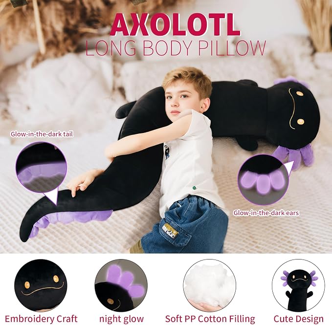 Tianmihou 36 Inch Giant Axolotl Plush Stuffed Animal, Big Black Axolotl Glow in The Dark Fluorescent Plushies, Large Body Pillow Gifts for Kids Boy Girl Adults, Birthday