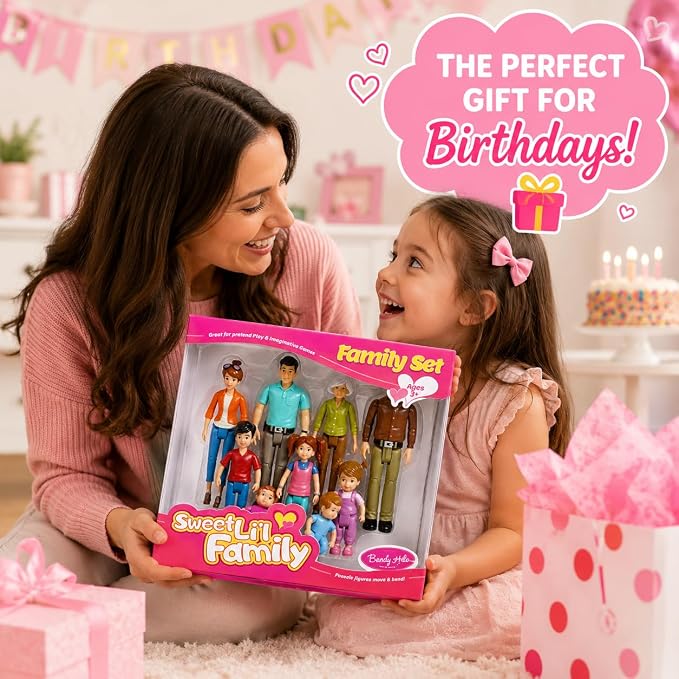 Beverly Hills Sweet Li’l Family Bendable Mini Dollhouse Figures | Set of 9 Grandpa, Grandma, Mom, Dad, Sister, Brother, Toddler, Twin Boy & Girl Pretend Play (1:12 Scale)