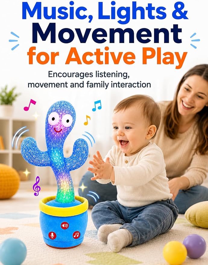 Rechargeable Dancing Talking Cactus Toy Adjustable Volume, Singing Mimicking Cactus Baby Toy, Safe Plush Eyes Baby Toys 18 month+, 1st Birthday Girl Gifts, 1 Year Old Girl Gifts (Rechargeable Blue)