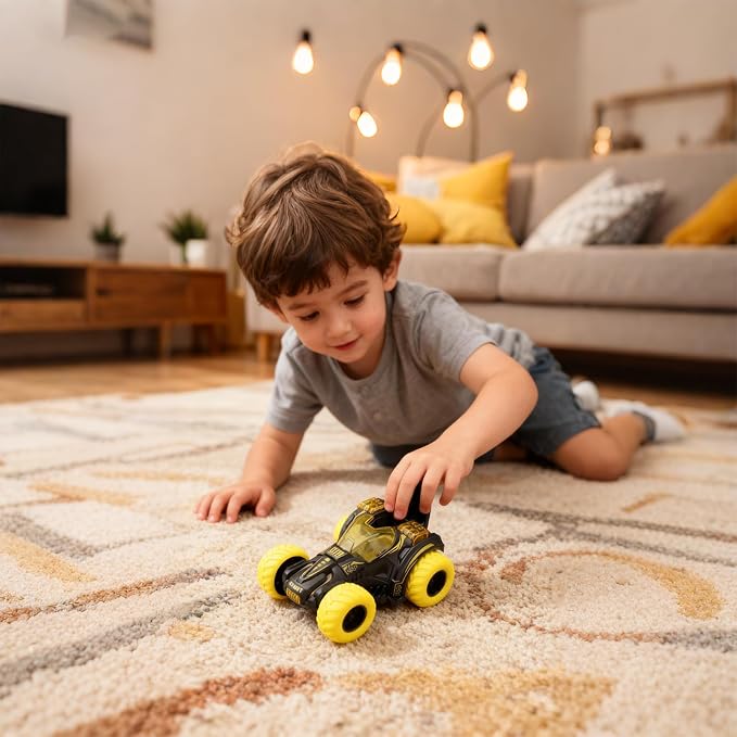 Friction Powered Flip Stunt Car, Push and Go Toy Car with 360° Upright Spin, Dual-Sided Rotating Off-Road Vehicle, No Batteries Required, Toy Car for Boys & Girls Ages 3 (Yellow)