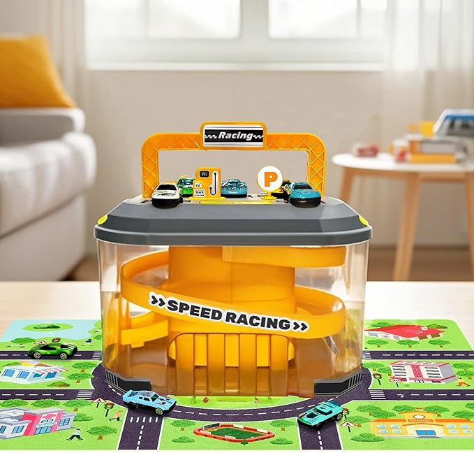Toy Car Track Storage Playset - Toddler Toys for Ages 3-4, Car Track Set Including 12 Diecast Cars, PlayMat, Race Tracks, Car Ramp, Kids Birthday Gift for 3 4 5 6 Year Old Boys