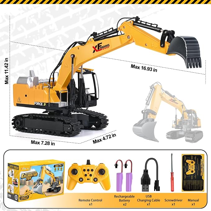Shemira Remote Control Excavator, 13 Channel RC Excavator Toy for Boys 3-5 4-7 8-12 Year Old, 2.4Ghz RC Construction Vehicles with Metal Shovel & Light & Sound, Kids Christmas Birthday Gifts