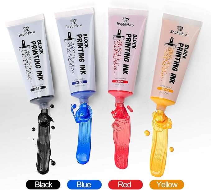 Bobblebro Linoleum Blocks for Printmaking, Stamp Making Carving Linocut Kit for Kids DIY Gift, Rubber Stamp Carving Screen Printing Kit with 4 Colors Block Printing Ink, Rubber Block, Linocut Tools