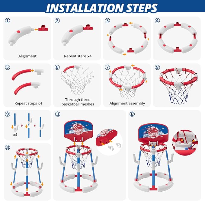 HYES 2 in 1 Pool Basketball Hoop with Ring Toss, Floating Pool Toys - Anti-Tip Stable Base - with 4 Balls/8 Rings/Pump - Summer Water Basketball Games Indoor Outdoor Gifts for Kids 4-8 & Adults, Red