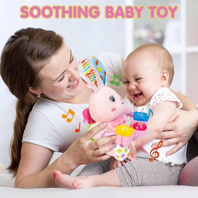Ryotagift Baby Bilingual Musical Rabbit Stuffed Animals Toys,Infant Early Learning Toy with Light-Up Music & Crinkle,Tummy Time Toys for 0 3 6 9 12+ Months for Baby Boy Girl Easter Gift,Pink