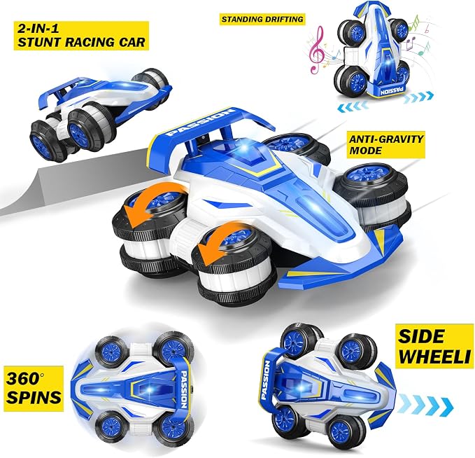 2-in-1 RC Stunt Racing Car, Blue, 360° Spins, Anti-Gravity Mode, Side Wheelie, Standing Drift, LED Lights, for Kids Ages 4+