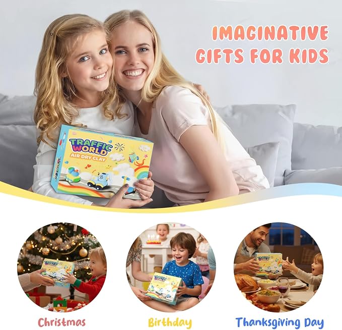 Air Dry Clay Kits for Kids - hittaty Traffic Model Magic Clay, 12 Boxes Molding Clay for Kids with Sculpting Tools and Tutorials, Safe, Soft & Non-Sticky DIY Arts and Crafts Gift for Boys & Girls
