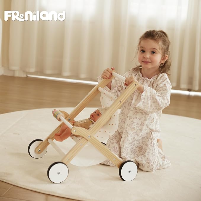 Freniland Wooden Baby Doll Stroller, Toddler Push Walker Toy, Doll Push Cart for Boys & Girls, Learning to Walk & Pretend Play Toy 18M+