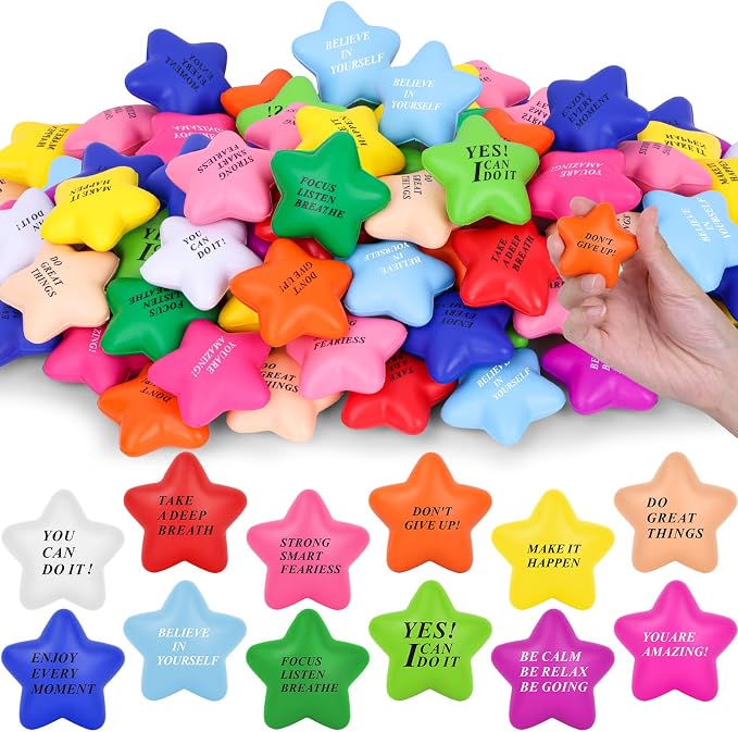 96 Pieces Star Motivational Stress Balls 2 Inch Inspirational Stress Relief Ball Bulk Hand Exercise Balls Encouraging Blue Foam Balls Anxiety Small Balls with Quotes for Kids Adults Teens, 12 Styles
