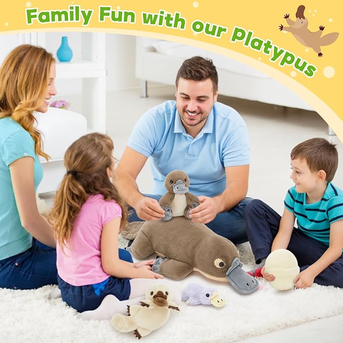 Tezituor 21" Platypus Stuffed Animal with 3 Babies & 2 Eggs, Cute Realistic Platypus Plush Toys for Kids, Christmas, Easter, Valentines, Birthday, Party Decorations