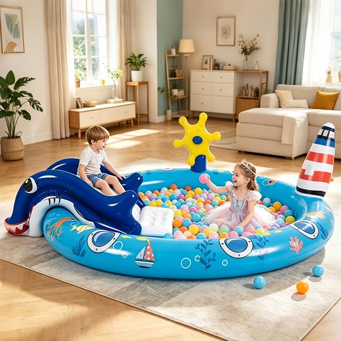 Kiddie Pool with Slide Inflatable Play Center Wading Lounge Kids Pool, Marine Life Sprinkler, Water Game Play Center for Kids 80" x 60" x 25"