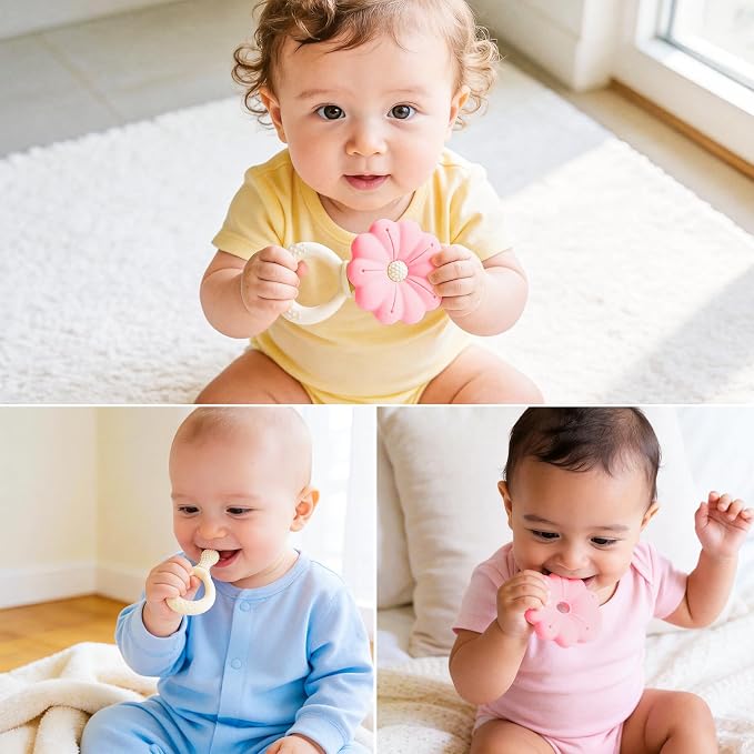 Baby Silicone Flower Teether Pacifier, Nipple-Shaped End Texture for Sucking Needs, Teething Relief, Chew Sensory Toys for Babies 0-6 6-12 Months, Hands-Free Design, BPA Free, Freezable -Pink