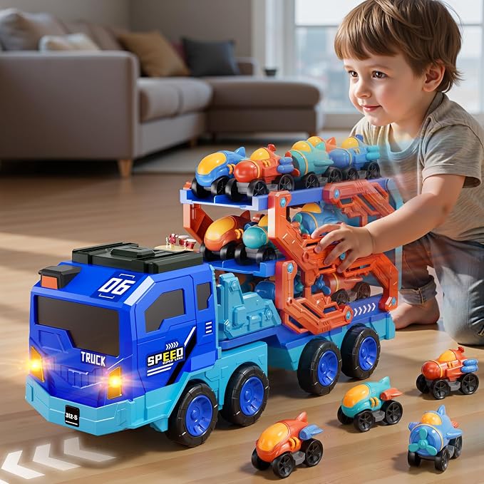 PEADUCK Toddler Car Truck Toys for Kids Boys Ages 3-5, 10-in-1 Foldable Carrier Space Truck Toys with Lights & Sounds and 9 Race Cars, Birthday Gift for 3 4 5 6 7 8 Years Old Boys Girls