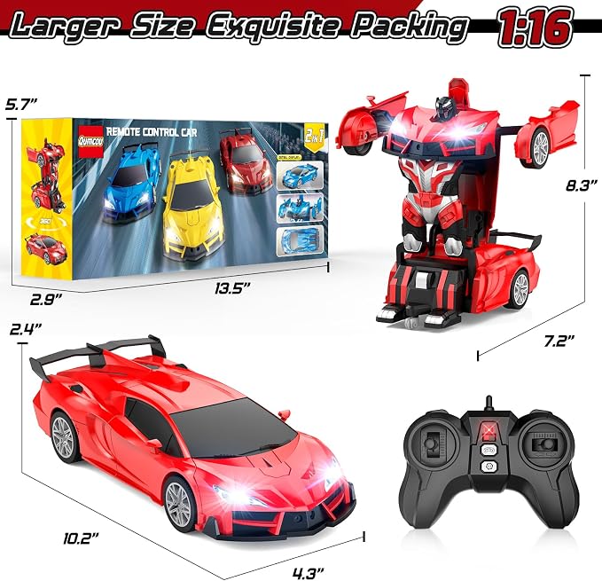 Qumcou Transform Remote Control Car, RC Cars for Boys Age 3-5 6-8, One-Button Transform Toy Cars, 2.4GHz, 360° Spin, 1:16 Scale, Flashing Headlight,3-8 Year Old Grandkids Christmas Birthday Gifts