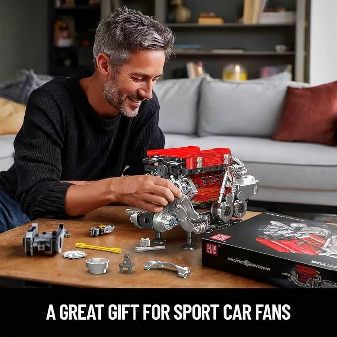 Mould King W16 Engine Building Blocks Set, 10163 Combustion Engine Model that Runs, Mini Engine Build Kit for Adults with Battery and Motor, Engineering Construction STEM Toy (952 Pcs)