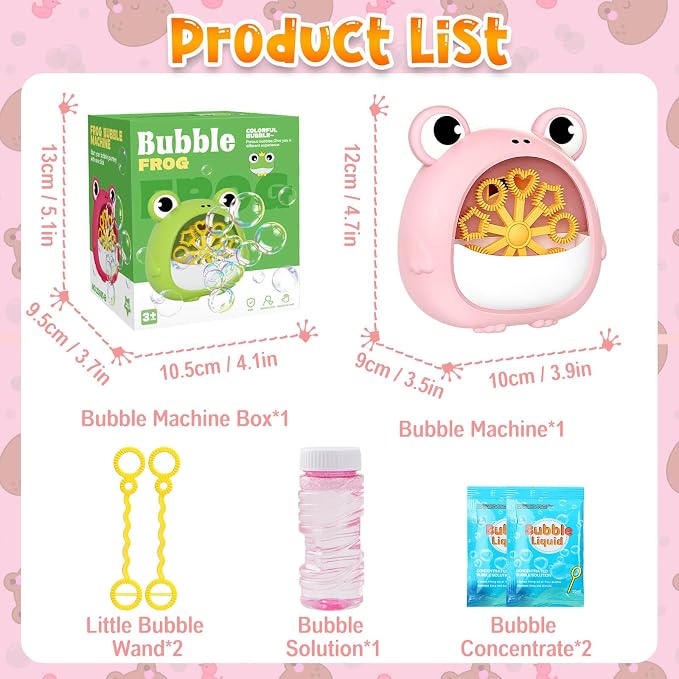 Frog Bubble Machine Toys for Kids 3-8 Years Old: Bubble Blower Maker with 2 Solutions, Outdoor Party Toy, Birthday Gift for 3 4 5 6 7 8 Year Old Girls Boys, Pink
