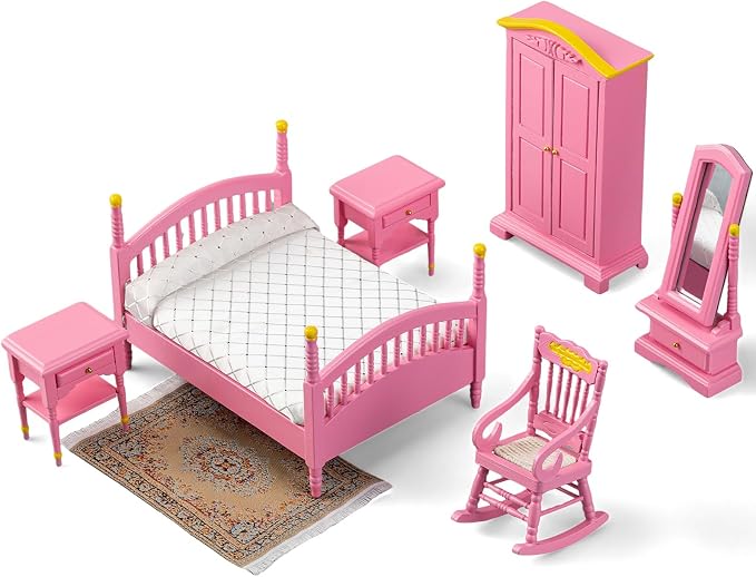 Skylety 7 Pcs Wooden Dollhouse Furniture Set 1: 12 Scale Victorian Dollhouse Bedroom Furniture, Bed Dressing Table Wardrobe Carpet for Adults Toys Miniature Doll House Accessories(Pink,Bright)