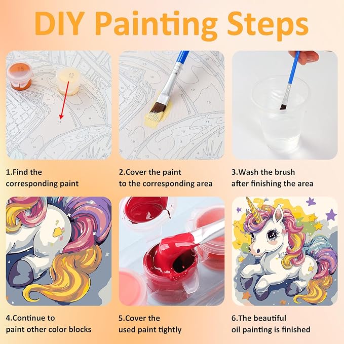 Paint by Numbers Kit for Kids with Frame, Unicorn Paint by Numbers for Kids Ages 4-8-12, DIY Unicorn Acrylic Oil Painting for Home Wall Art Decor Gift 7.8x7.8 inch (with Frame Easel)
