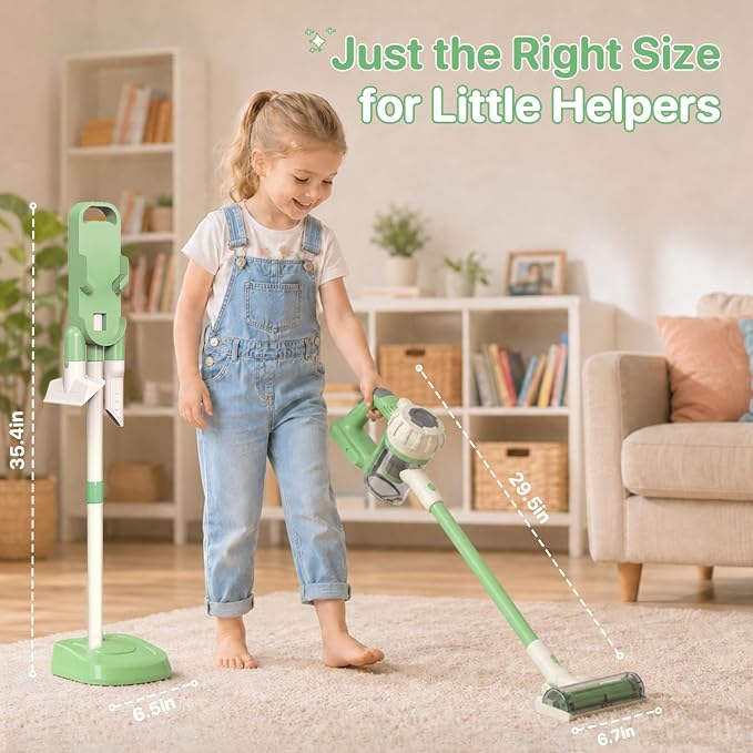 3-in-1 Kids Vacuum that Really Works - Toddler Vacuum Cleaner with Real Suction, Pretend Play Housekeeping & Cleaning Toy Set for Kids Ages 3+ (Green)