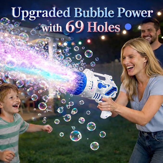 Bubble Gun for Kids, 69-Hole Bubble Blaster with LED Lights, Blue | 69-hole bubble machine gun for kids ages 4-8, with LED lights for summer, birthday, party and outdoor play.
