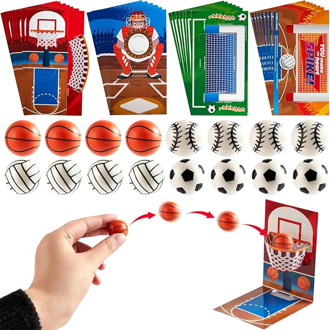 JOYIN 36 Pcs Valentine’s Day Soccer Football Volleyball Basketball with Sports Game Cards for Kids Valentine's Classroom Exchange Prizes, Valentines Games Toys for Party Favor Supplies