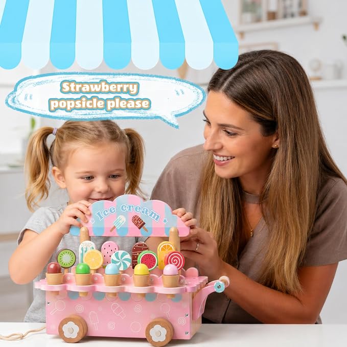 BROWNROOT Wooden Ice Cream Cart for Kids, Pull Along Pretend Play Food Toys with Fruit Popsicles Lollipops, Play Kitchen Accessories Preschool Store Toy for Toddlers Girls Boys 3+ Gift