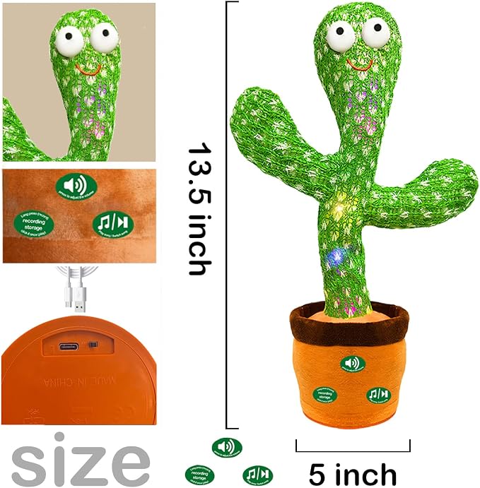 Hunfur (Rechargeable) Dancing Mimicking Talking Cactus Toy,Funny Gift for Baby Infant 6-12 12-18 Months,Singing Record Repeat What You Say Toys for Toddler 1 2 3 Year Old Boy Girl