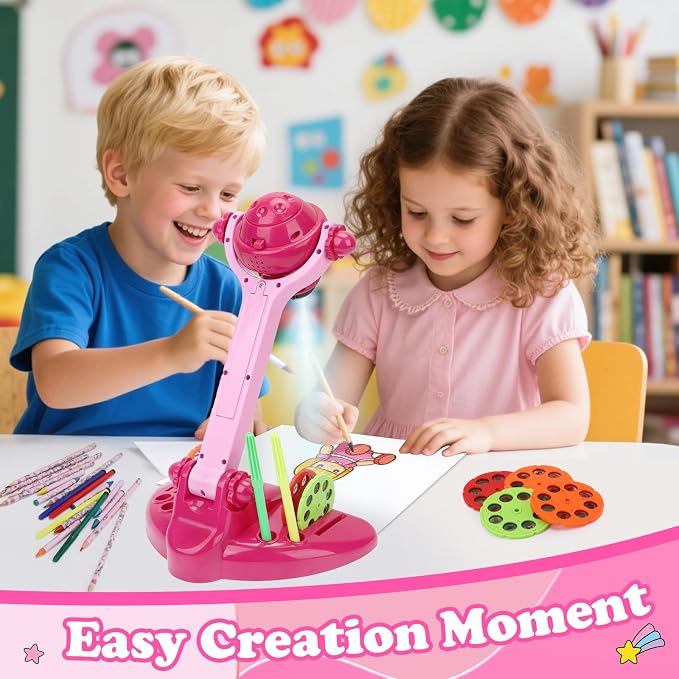 Sumsoltic Drawing Projector for Kids, Art and Craft Kit,Including Colored Pencils, Crayons, Coloring Books, Toys for 3+ Year Old Girls (Pink Drawing Kit v2)