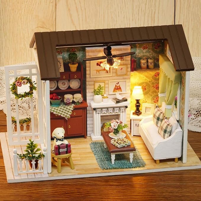 TuKIIE DIY Miniature Dollhouse Kit, 1:24 Scale Wooden Mini Doll House Accessories with Furniture for Kids Teens Adults(Happy Times)