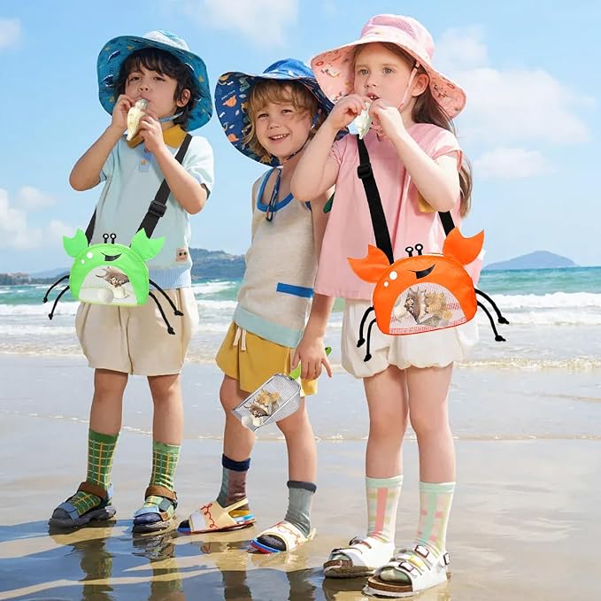 4PCS Beach Toy Mesh Shovel and Mesh Beach Bag Seashell Bag,for Sand Filter & Collect Shells,Sand Sifter Shell Collecting Tools(Green-Orange Crab)