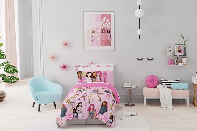 Franco Barbie Barbiecore Bedding Super Soft Comforter and Sheet Set with Sham, 5 Piece Twin Size, College Dorm Essentials (Official Licensed Product)