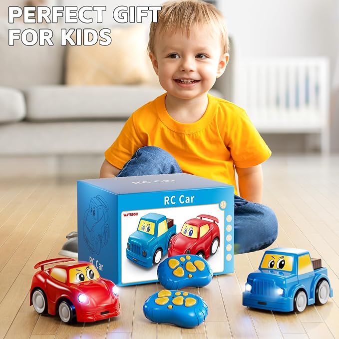 WATUDOU Remote Control Car for Toddlers 1-3 2-4 3-5, 2 Pack Cartoon 2.4 GHz RC Cars for Kids, Electric Hobby RC Car Toys, Christmas Birthday Gifts Toys for Kids Boys Girls 2 3 4 5 6 Years Old