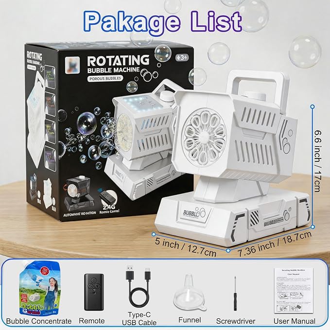 Bubble Machine for Kids, Rechargeable Bubble Blower with Remote & RGB Lights, Automatic Rotating Battery Bubble Maker for Birthday Parties, Weddings, Outdoor Activities