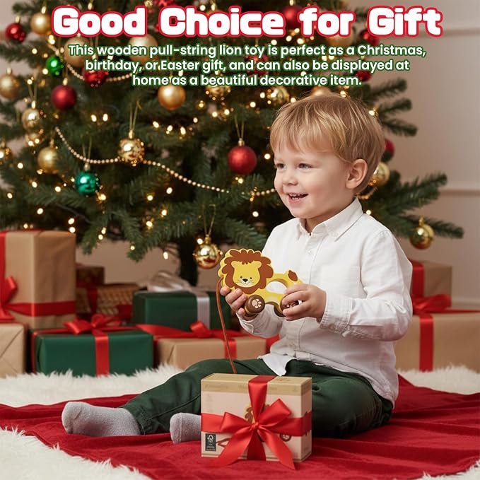 Baby Toys Car,Wooden Pull Along Toddler Toy, Developmental Toy for 1 Year Old Girl Boy Birthday Gift (Lion)