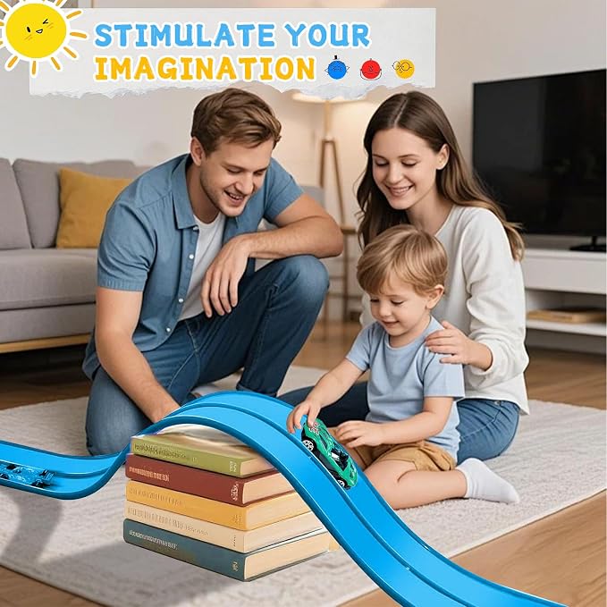 16Ft Flexible Race Track for Kids, Flex Track with 6 Hot Wheels Race Car Track Double-Side Track Toys Compatible with 16 Suction Cups, Storage Bag Rolls Up Race Tracks Birthday Gifts for Boys Girls