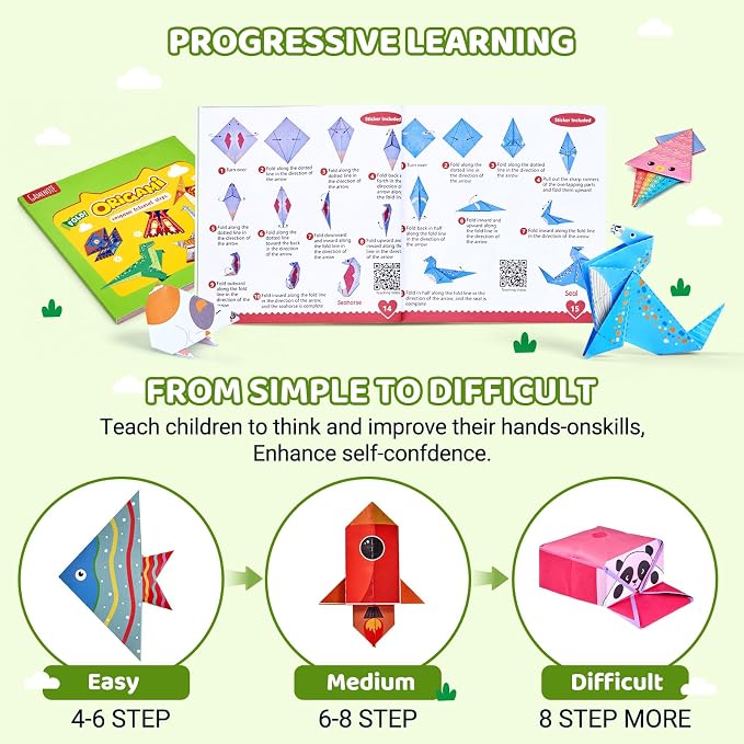 Gamenote Colorful Origami Kit for Kids 72 Projects 180 Double Sided Origami Paper 12 Sheets Practice Papers Instructional Origami Book Origami Gift for 4+ Boys Adult Beginners Training Craft, Dinosaur