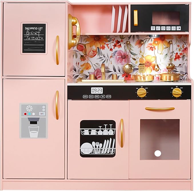 TOUCH US Wooden Play Kitchen Toy Set with Light, Kids Children Pretend Toy Kitchen Playset, Sink Play Toy Oven with Microwave,Toddler Cooking Set Toy for Ages 3+Baby Girls Boys (Pink)