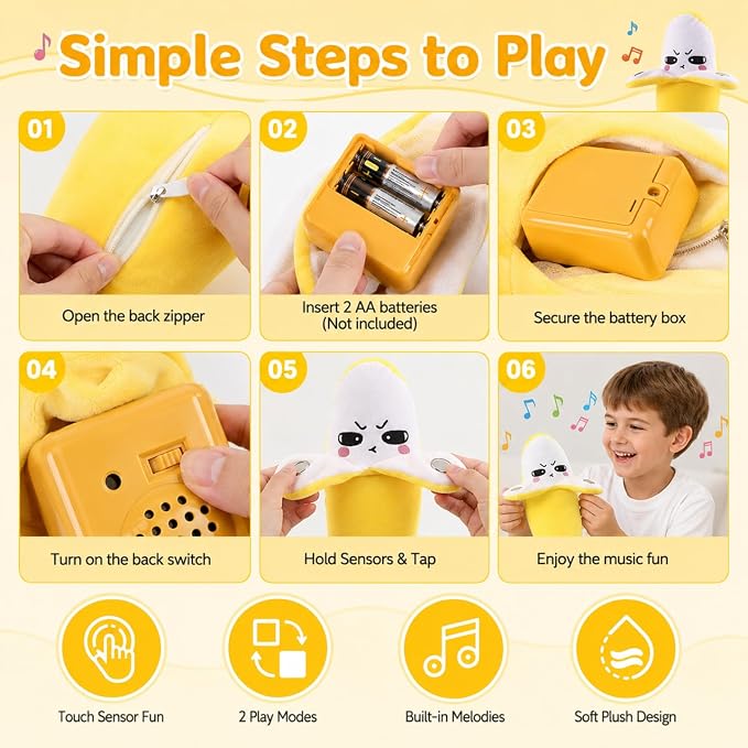 Interactive Music Plush Toy Set for Kids Adults, 8" Banana Fruit Sensing Metronome with Sounds for Multiplayer Interaction Game, Fun Musical Sensory Toy for Christmas Birthday Gifts
