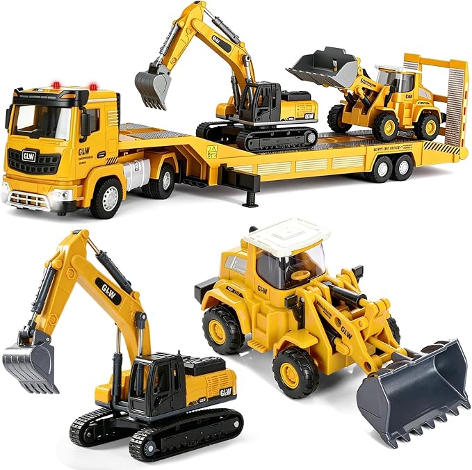 Alloy Die-Cast Construction Vehicles Toys Set w/Semi Truck, Excavator & Bulldozer - Real Lights & Sounds, Movable Parts - Learning Toys Gift for 3-7 Year Old Boys Girls