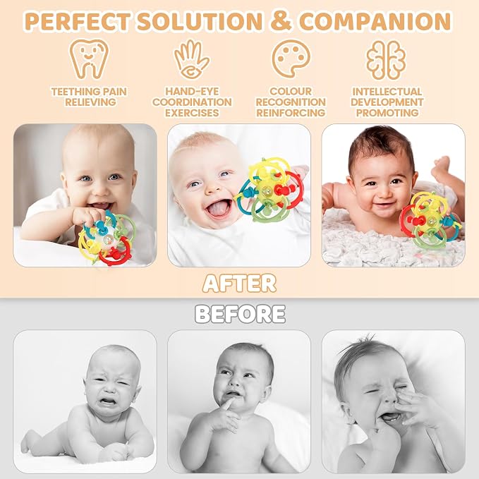 Baby Rattle Teething Toys, Baby Ball Teether Toys for 0 3 6 9 12 18 Months, Silicone Montessori Teethers with Rattle Ball for Newborn Infant, Sensory Delopmental Gift for Boys Girls, Beige