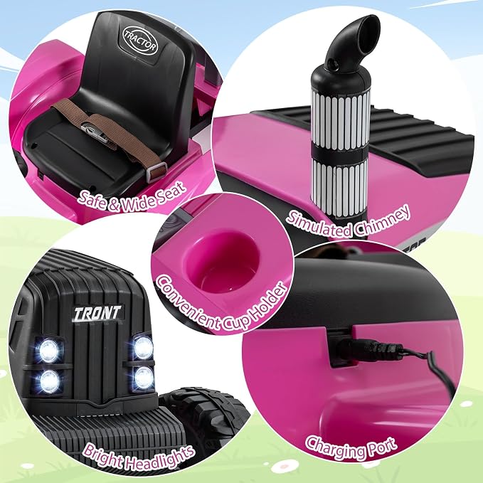 Costzon 24V Ride on Tractor with Detachable Trailer, Kids' Electric Vehicles with 3 Speeds, 15° Climbing, Wireless Design, Horn & Music, Remote Control Tractor Toy for Kids 3+,Gift (24V, Dark Pink)