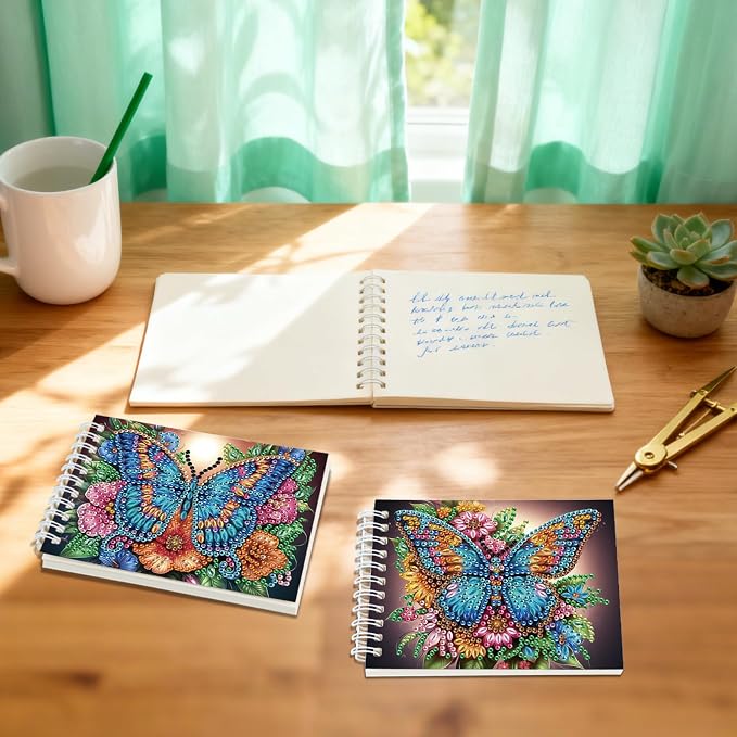 2 Pcs Butterfly Diamond Painting Notebook 80 Pages for Adults,Diamond Art Journal and DIY Sketchbook, Diamonds Art Kit Supplies,Gift for Beginners, Craft Lovers, Artists. (Butterfly)