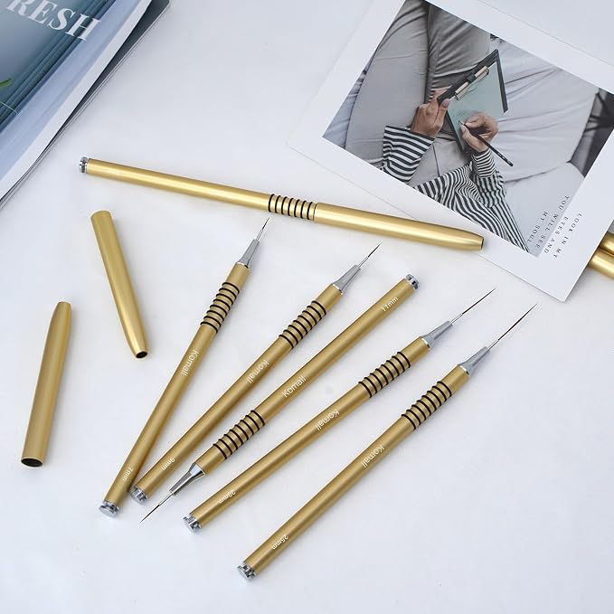 Komall Metallic Nail Art Brushes, 6Pcs Non Slip Liner Brush Set, UV Gel Polish Painting Art Design Pen for Long Lines, Thin Details, Fine Drawing Sizes 5/7/9/11/20/25mm(Gold)