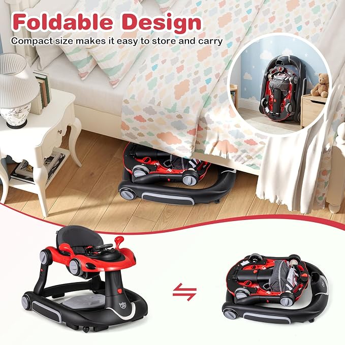 BABY JOY 7-in-1 Baby Walker, Foldable Baby Walker and Bouncer Combo with Handle, Adjustable Height & Speed, Music, Lights, Rocker/Push Mode, Baby Walker with Wheels for Boys Girls 7-18 Months (Red)