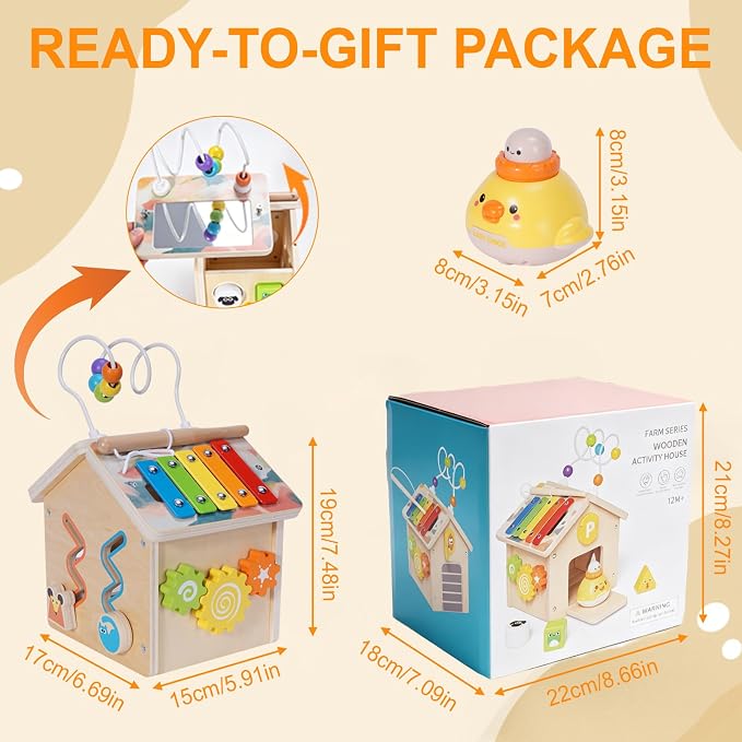 Wooden Activity Cube for Toddlers 1-3 with Press to Go Car Toy, Montessori Baby Educational Learning Toys for Kids, Multipurpose Infant Activity Center, for Girls Boys 1+ Year Old