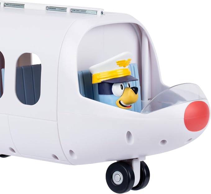 Bluey Adventure Plane, Airplane Toys, Pilot Figure and Accessories | Open side with fold-down stairs, family seating, and luggage storage in this airplanes for kids playset