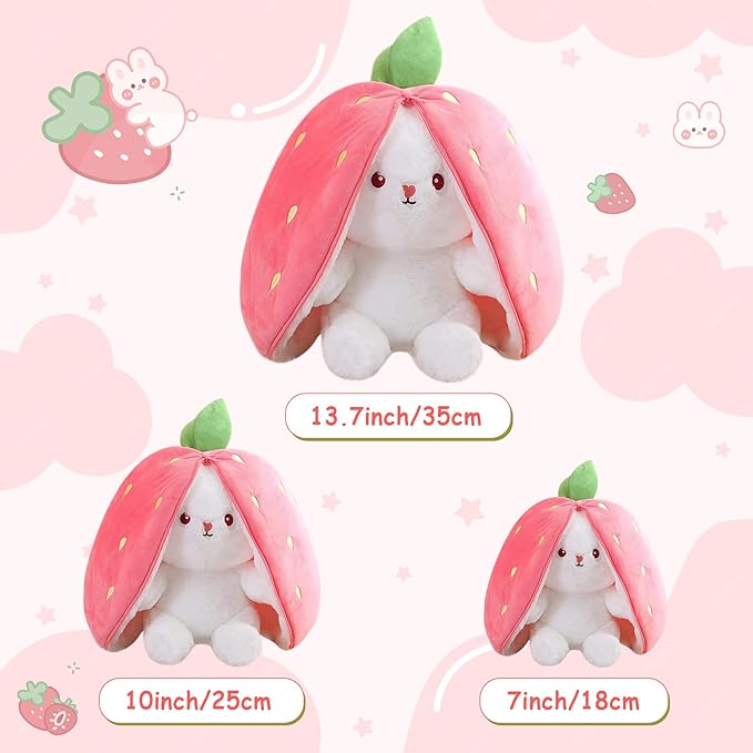 MIAODAM Bunny Stuffed Animal Reversible Cuddle Bunny Stuffed,Strawberry Bunny Transformed Rabbit Plush Zipper,Turns Into Ears Bunnies Plushies Toy Cute Stuffy Doll Easter