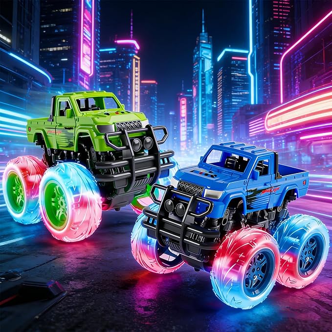 LODBY Monster Trucks Toys for Toddlers, Light-Up Trucks & Cars Toys for 2 3 4 5 6 Year Old Boy Christmas Birthday Gifts, Kids Push and Go Cars with Flashing Wheels (2 Pack)