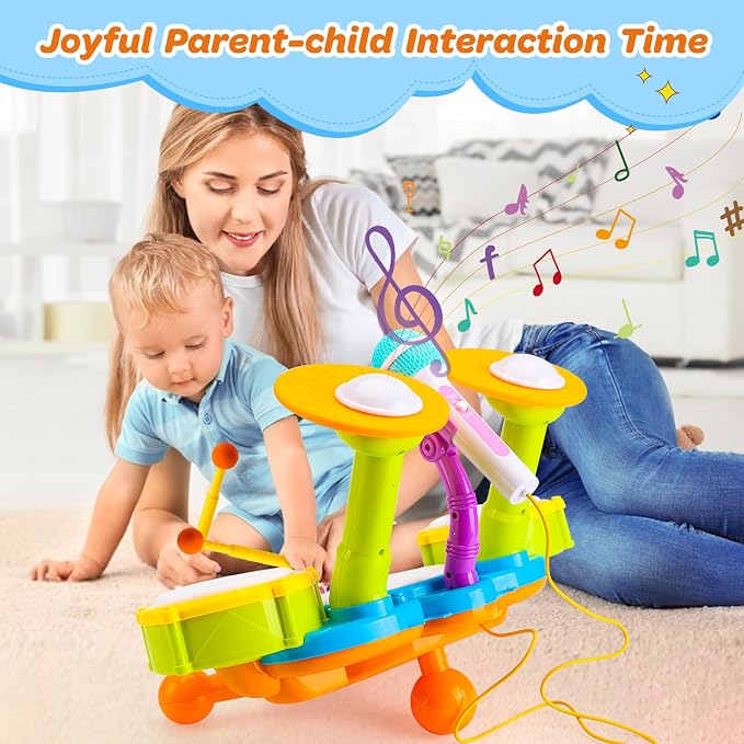 Kids Drum Set for Toddlers Musical Baby Toys Boy Gifts Montessori Baby Girl Toys with Microphone Light Up Learning Toys Birthday Gifts for Infants Toddler Age 3+